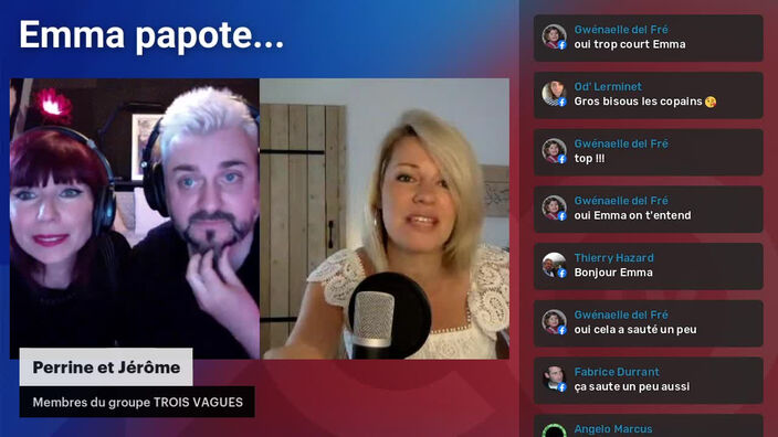 Emma papote avec Perrine, Jérôme et Manu, membres du groupe TROIS VAGUES