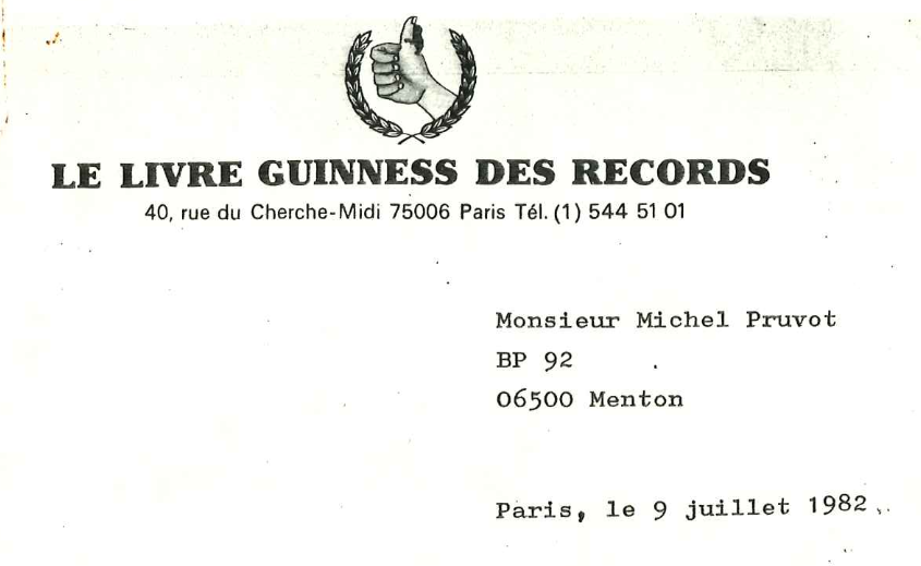 Le courrier officiel du Guiness Book, qui homologue le record de Michel Pruvot en 1982